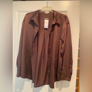 Brown Satin Button-Up Shirt
